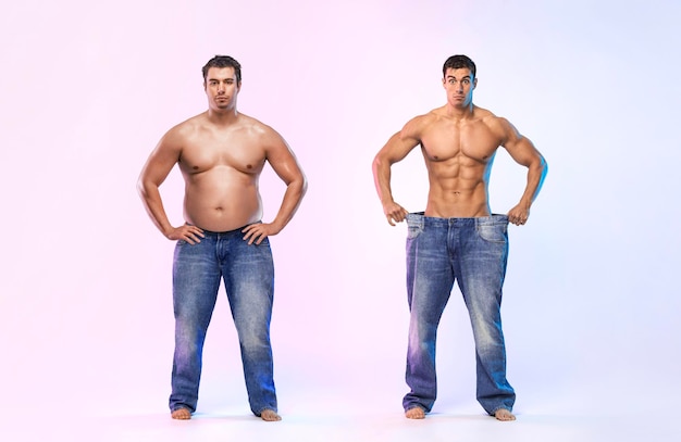Vóór gewichtsverlies fitness transformatie de man was vet maar werd atleet vet om te passen concept