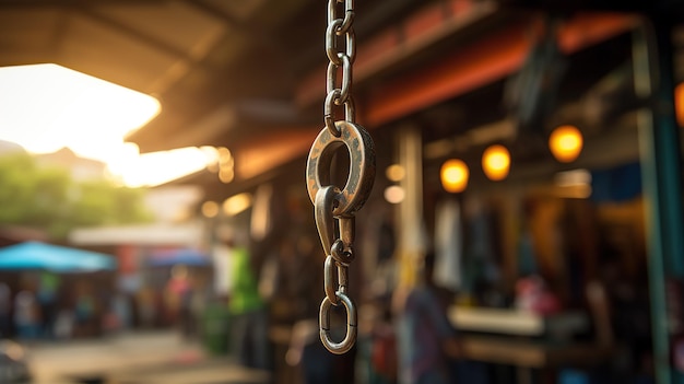 Voor het interieur van een autoreparatiewerkplaats wordt een hangende metalen haak getoond met een onscherpe achtergrond