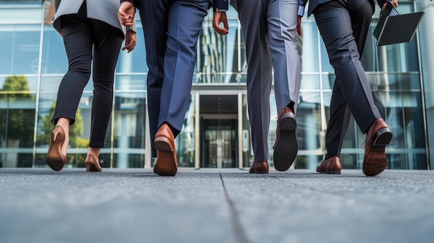 Foto voor ontwerp beschikbare foto met de benen van vier professionals die op de stoep voor een kantoorgebouw wandelen