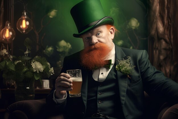 Voor St. Patrick's Day wordt een baardige Ierse kabouter in een hoge hoed gezien met een pint bier in zijn hand