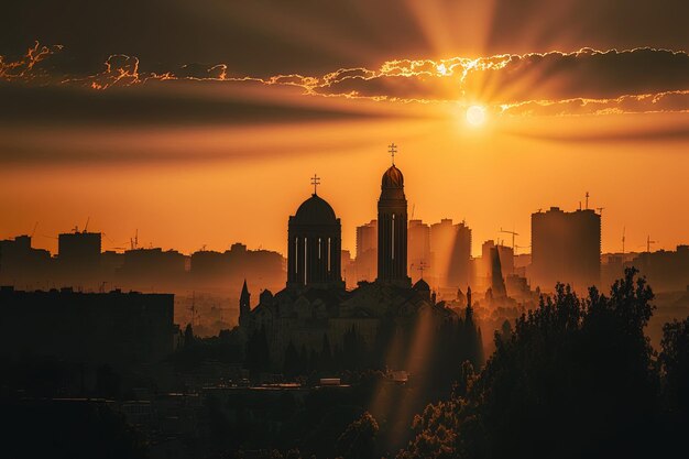 Voor zonsondergang stadslichten zonnestralen en