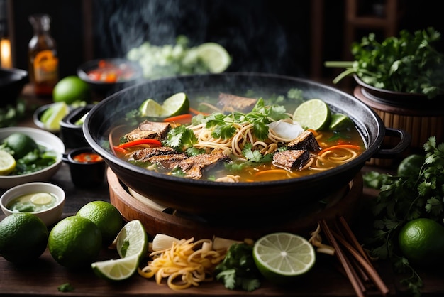 vooraanzicht aziatische ramen noedels grootgebracht op eetstokjes op donkere tafel