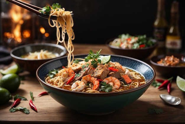 vooraanzicht aziatische ramen noedels grootgebracht op eetstokjes op donkere tafel