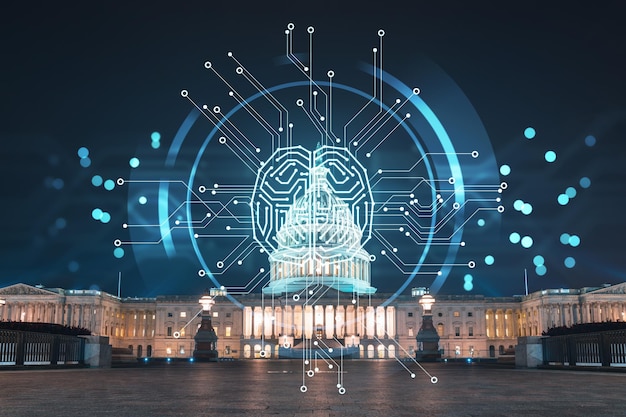 Vooraanzicht Capitol-koepelgebouw 's nachts Washington DC VS Verlicht Huis van Congres en Capitol Hill Kunstmatige intelligentie concept hologram AI machine learning neuraal netwerk robotica