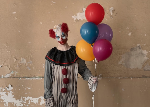 Foto vooraanzicht enge clown in verlaten gebouw
