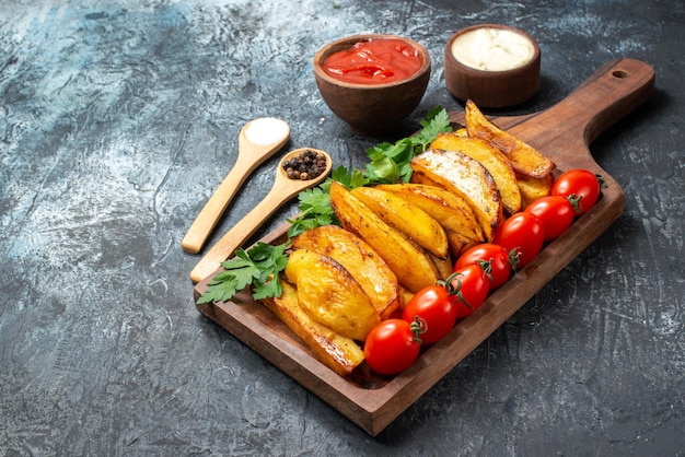 Vooraanzicht gebakken smakelijke aardappelen met groenten en tomaten op grijze achtergrond maaltijd diner foto eten schotel salade tomaat