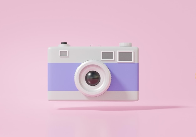 Vooraanzicht mock up Vintage camera drijvend op roze achtergrond memo afbeelding geheugen reizen fotografie concept cartoon minimale sytle kopie ruimte 3d render illustratie