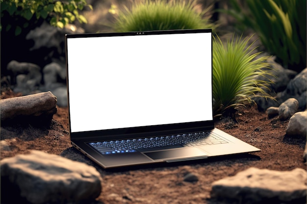 vooraanzicht Modern laptopmodel op het vuil, tuinachtergrond
