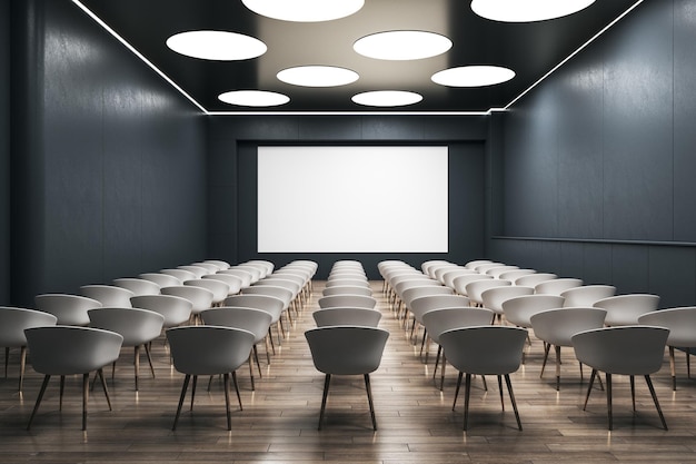 Vooraanzicht op blanco wit wandbord met ruimte voor uw logo of tekst op donkere muur in leeg auditorium met witte stoelen 3D-rendering mock-up