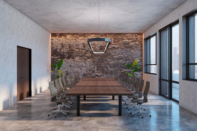 Vooraanzicht op grote moderne houten vergadertafel met stoelen rond glanzende betonnen vloer stijlvolle lamp en echte stenen muur op achtergrond 3D-rendering