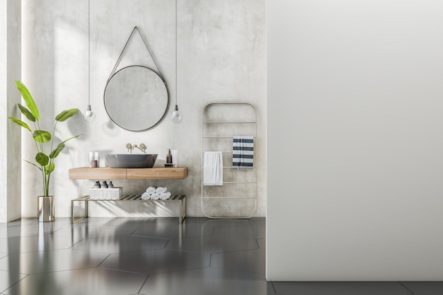 Vooraanzicht op lege lichtgrijze muur met plaats voor reclameposter in badkamer in loftstijl met ronde spiegel boven grijze wastafel in houten kast en donkere glanzende vloer 3D-rendering mockup