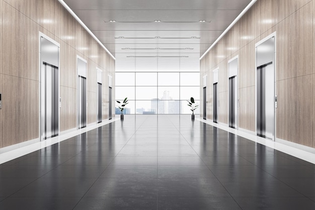 Vooraanzicht op lege ruime zakencentrumgang met houten wanden en plaats voor productpresentatie op donkere glanzende vloer tussen liften op stadszicht achtergrond 3D-rendering mock up