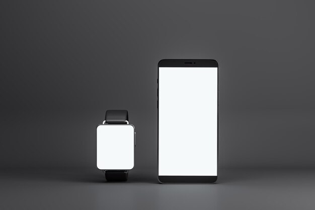 Vooraanzicht op lege witte moderne smartphone en slimme horloges schermen met plaats voor uw logo of tekst op donkergrijze achtergrond 3d rendering mockup