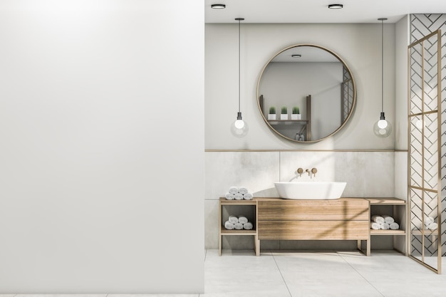 Vooraanzicht op lege witte muur in stijlvolle badkamer met ronde houten frame spiegel moderne gloeilampen van bovenste houten gootsteenkast en visgraatverhalen in douchezone 3D-rendering mock up