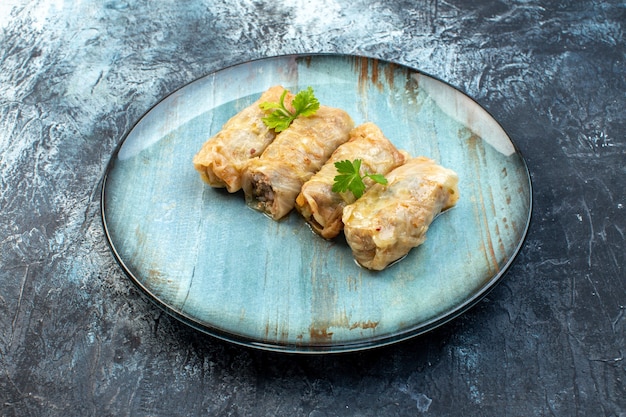 vooraanzicht smakelijke kool dolma met gehakt binnen plaat op grijze achtergrond ijs kleur voedsel maaltijd schotel calorie olie diner keuken brood