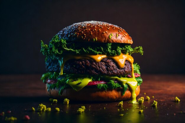 vooraanzicht smakelijke vleesburger met kaas en salade op donker