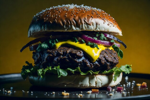 vooraanzicht smakelijke vleesburger met kaas en salade op donker