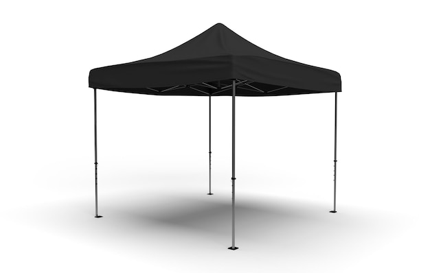 Vooraanzicht van een Gazebo Marquee Tent voor tentoonstellingen met een zwarte stoffen hoes geïsoleerd voor mockups