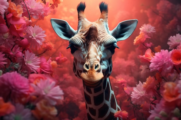 Vooraanzicht van een giraf in bloemen kijkend naar de camera Dierlijk portret in roze boeketten creatieve illustratie