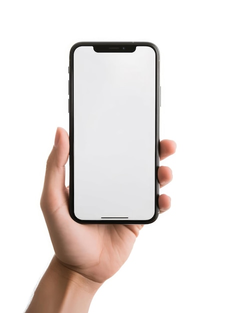 Vooraanzicht van een hand die een smartphone vasthoudt geïsoleerd op een witte achtergrond