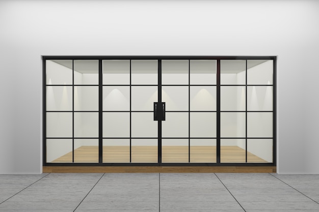 Vooraanzicht van een lege etalage van winkel. Design met zwarte aluminium en glazen houten vloer. 3D Illustratie Rendering.