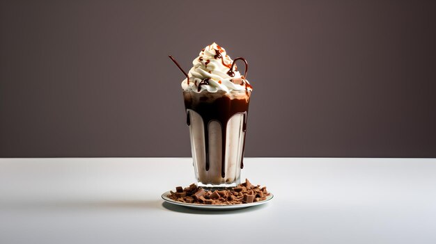 Vooraanzicht van een milkshake gegarneerd met slagroom en chocoladesuikerglazuur