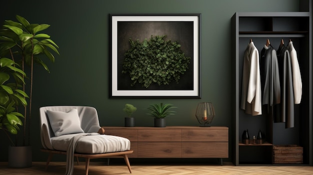 Vooraanzicht van een moderne minimalistische inloopkast Donkergroene muur met postergarderobe met netjes opgehangen kleding comfortabele fauteuil console kamerplanten woondecoratie Mockup 3D-rendering