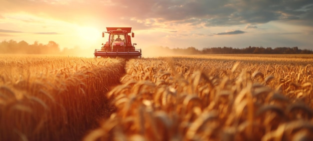 Foto vooraanzicht van moderne geautomatiseerde maaidorsers voor het oogsten van tarweoren op een heldere zomerdag graanoogstmachine