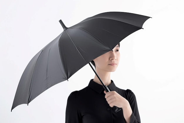Vooraanzicht van vrouw met zwarte open paraplu Waterdichte parasol voor regenachtige weerdagen Genereer ai