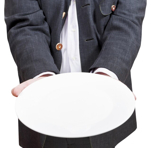 Foto vooraanzicht van zakenman houdt lege witte plaat vast