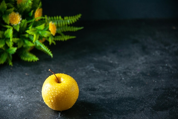 vooraanzicht verse gele appel met groene plant op de donkere achtergrond zachte foto boom rijp peer fruit kleur bloem