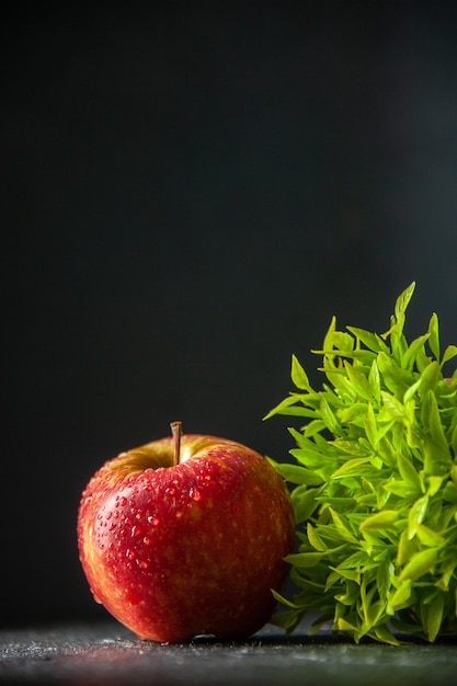 vooraanzicht verse rode appel met groene plant op donkere achtergrond foto boom kleur rijp zacht peer sap fruit