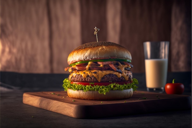 Vooraanzicht vlees hamburger met salade, kaas en tomaten op donkere achtergrond
