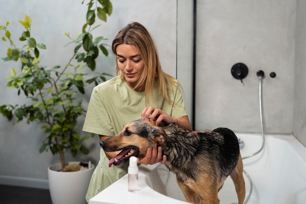 Foto vooraanzicht vrouw wassen hond