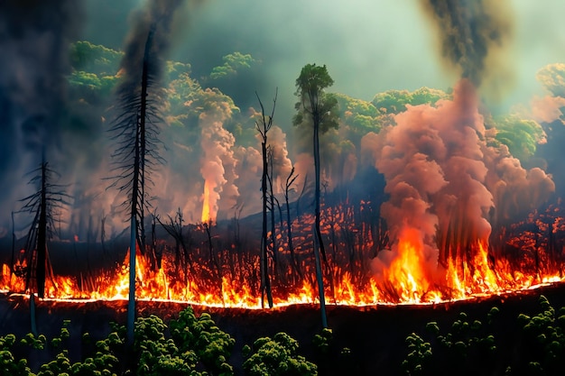 Voorbeeld van bosbranden in een tropische jungle verlies van biodiversiteit en koolstof vrijlating