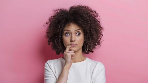 Voorbeeld van een bedachtzame mooie vrouw, een krullend meisje dat nadenkt op een roze achtergrond.