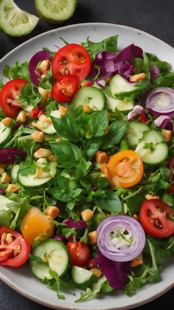 Voorbeeld van een veganistische salade met verse ingrediënten op een bord en peper op een zwarte snijplank
