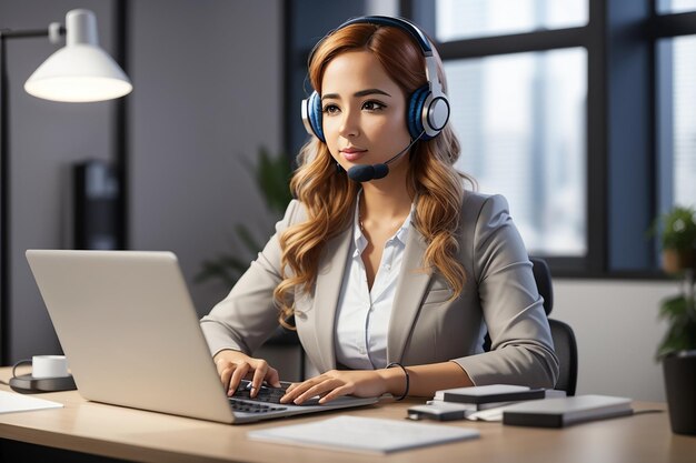 Foto voorbeeld van een vrouw die een headset draagt en aan een bureau werkt met een laptop