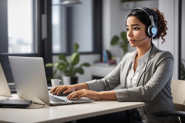 Foto voorbeeld van een vrouw die een headset draagt en aan een bureau werkt met een laptop