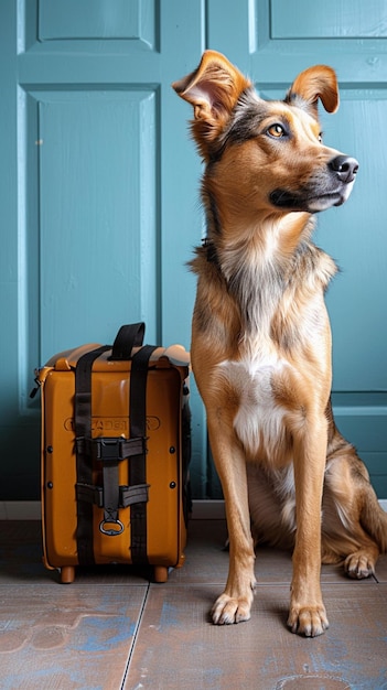 Voorbereid op avontuur Hond staat bij huisdieren draagmachine blauwe muur Verticale mobiele behang