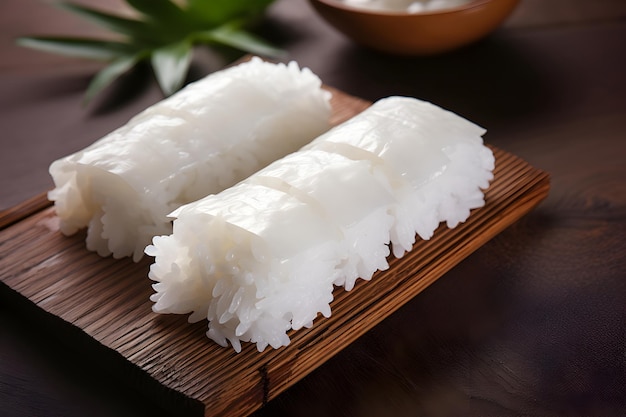 Voorbereide rijst voor het koken van Aziatische voedselrollen of sushi close-up op houten plank Selectieve focus Aziatische voedingsconcept Gegenereerd ai