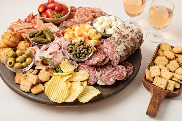 Voorgerechten tafel met verschillende antipasti charcuterie snacks kaas