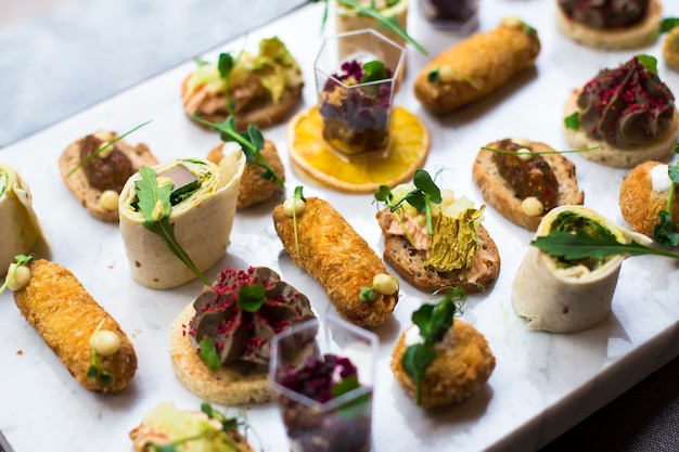 Voorgerechten tafel met verschillende antipasti snacks