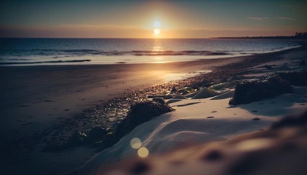 Voorgrond met zandstrand zon en oceaan op de achtergrond bij zonsopgang Vakantie reizen banner