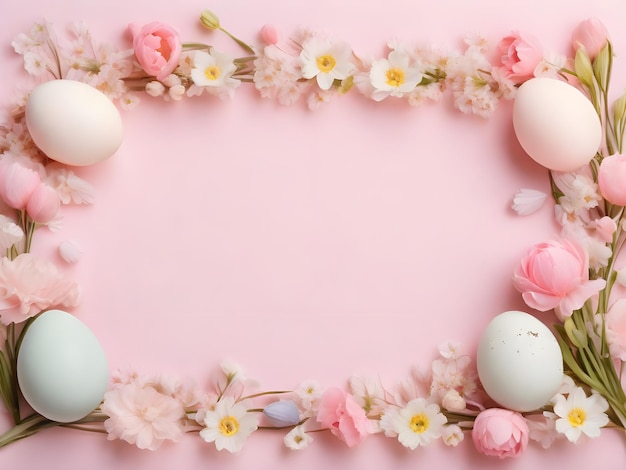 Voorjaars achtergrond van Pasen met veelkleurige eieren en voorjaarsbloemen Bovenbeeld vlakke achtergrond