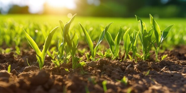 Voorjaars maïsveld met verse groene spruiten in zachte focus prachtige Generatieve AI AIG32