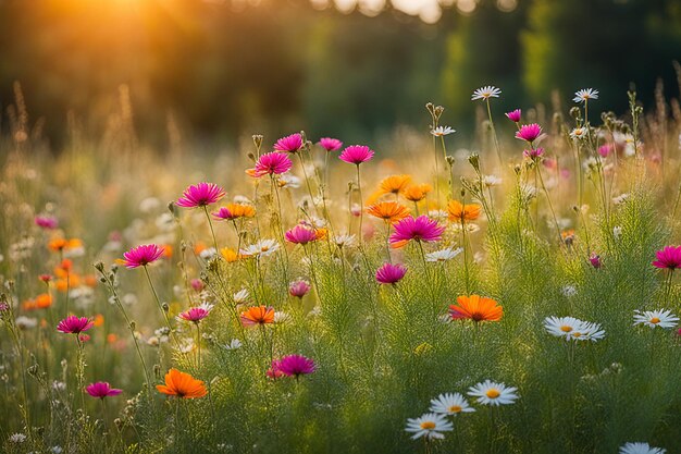 Voorjaars veld van wilde bloemen in het mooie zonlicht bloemen en gras op het platteland bij zonsondergang