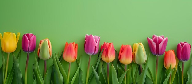 voorjaarsbloemen banner bunch van roze tulpenbloemen op groene achtergrond