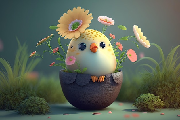 Voorjaarsconcept met een ei en een kip omgeven door kleurrijke bloemen 3D-beeld Generatieve AI