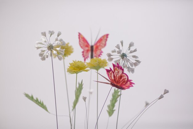 Voorjaarssamenstelling met papieren bloemen en vlinder op witte achtergrond